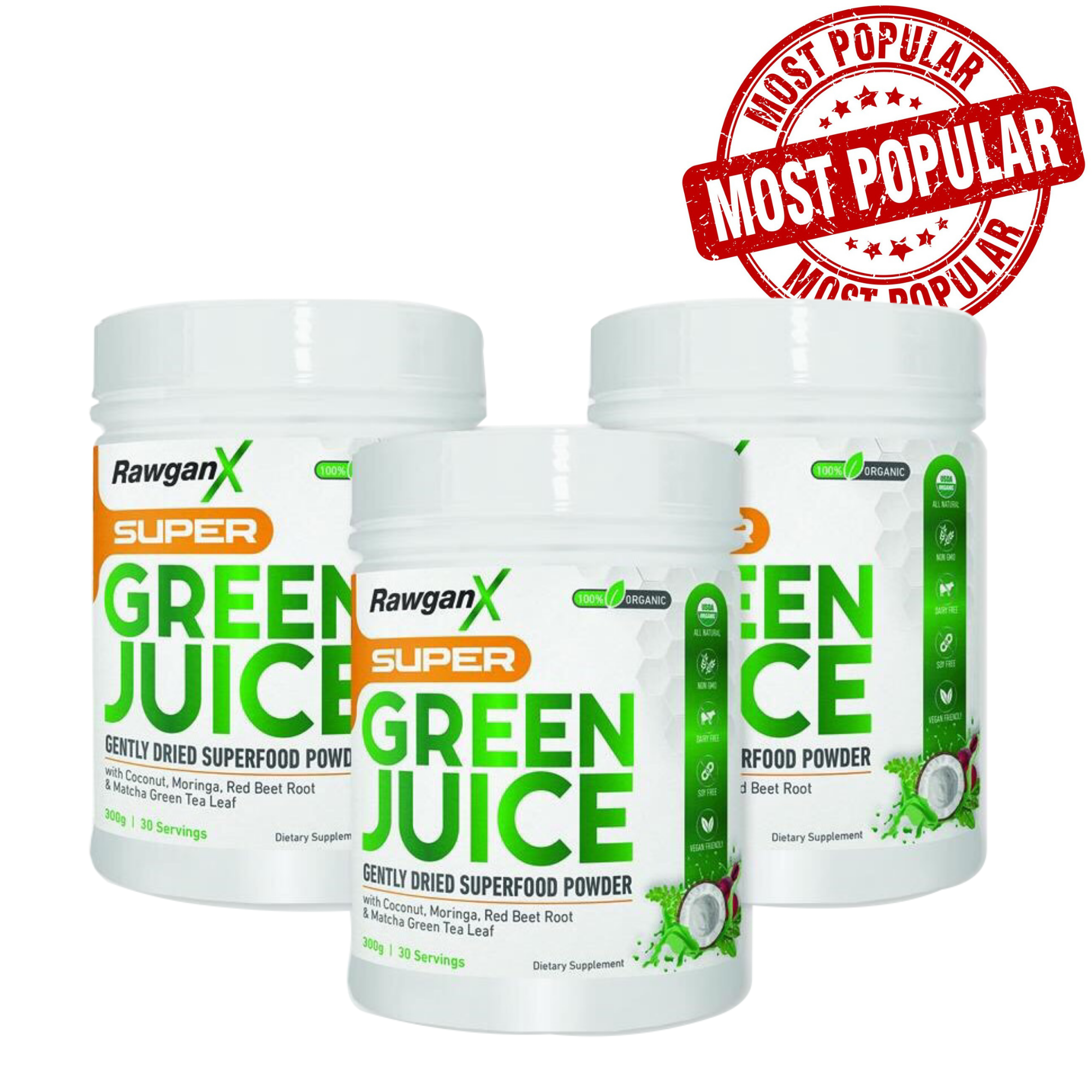 RawganX Super Green Juice- 90 Day Supply - TWO of the NEW Pineapple Mango Flavor & ONE of the Original Monk Fruit Flavor